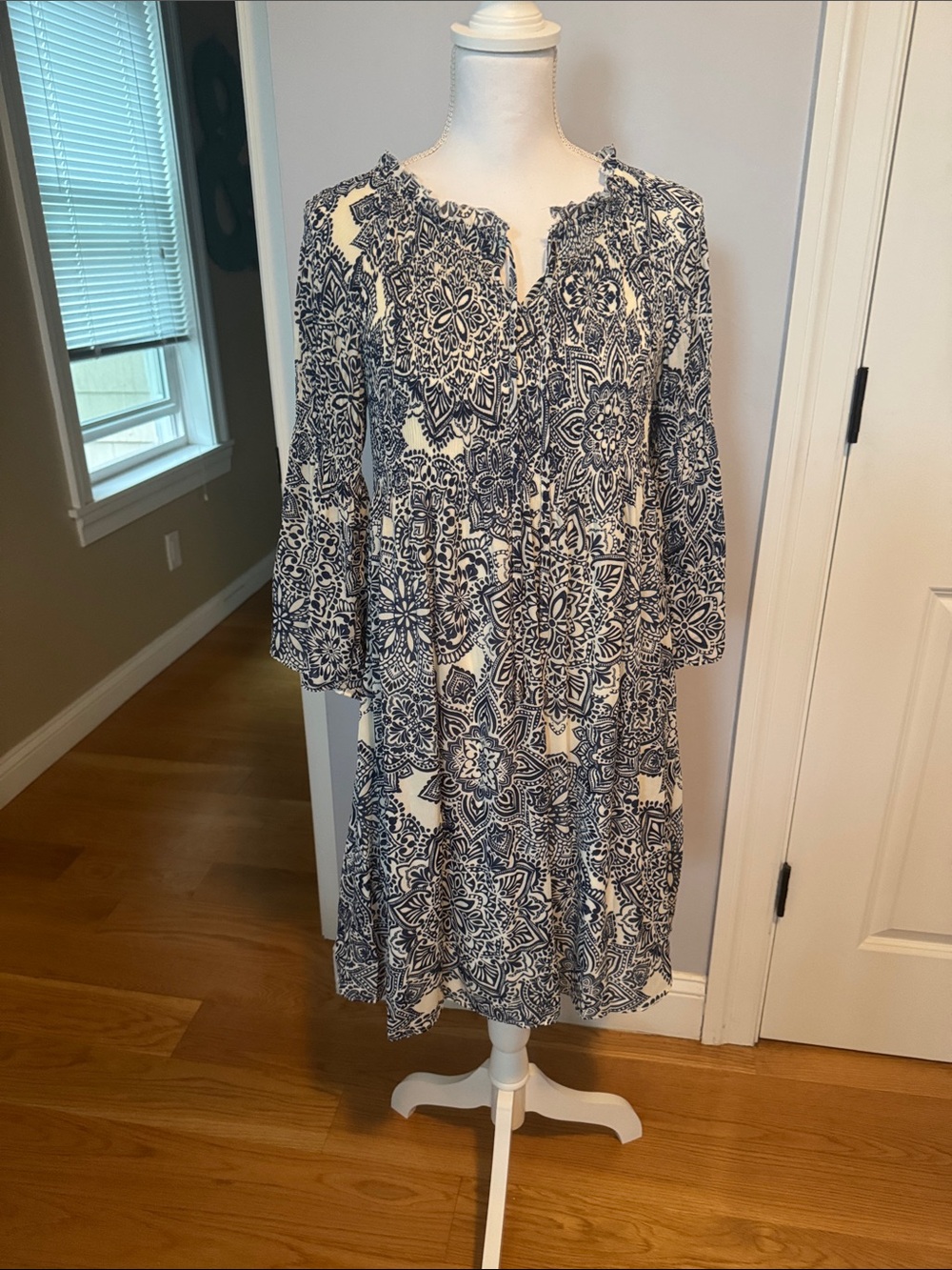 Elle Navy and White Long Sleeve Printed Tunic Dress